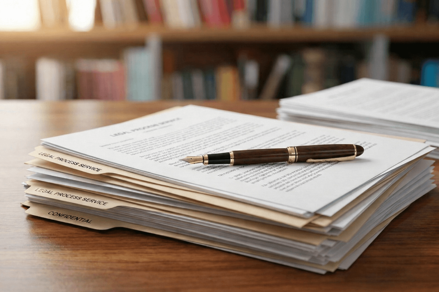 Legal documents and fountain pen on a desk in a law office